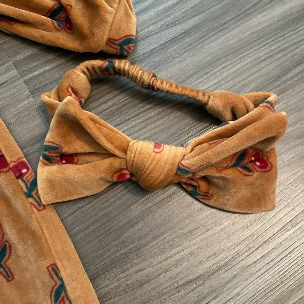 Snug Brown Velour red tulip print Kids Footie with matching Bow Headband -6/9M